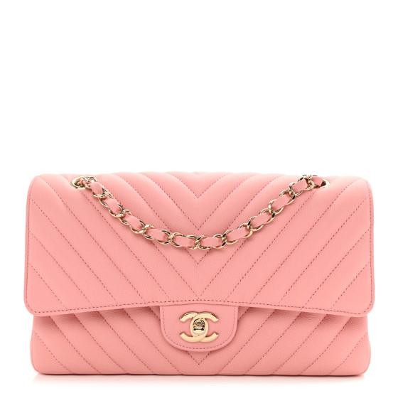 CHANEL Caviar Flat Chevron Quilted Medium Double Flap Pink | FASHIONPHILE (US)