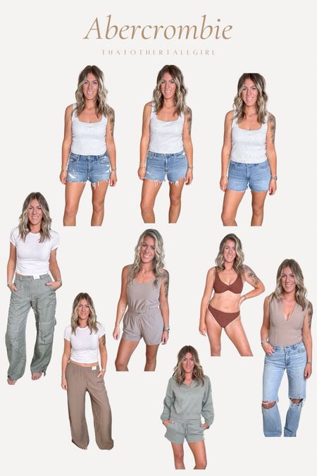 Abercrombie loves!
20% off with code: AFLTK

Shorts - 10/30 in all
Gray tank - large
Green cargos - 10 long
Brown pants - medium long
Active romper - medium
Matching lounge set - large top, medium shorts
Swim suit - large top/bottoms
Bodysuit- large
Jeans - 31 long (sized up for a more relaxed fit, can stay tts) 

#LTKSpringSale #LTKmidsize #LTKsalealert