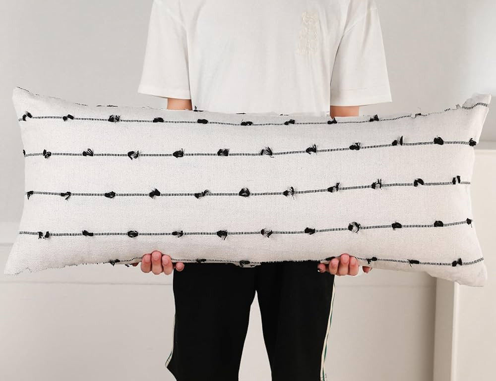 Long Lumbar Throw Pillow Cover 16x36,Stripe Pattern Cotton Black Boho Extra Long Decorative Pillo... | Amazon (US)