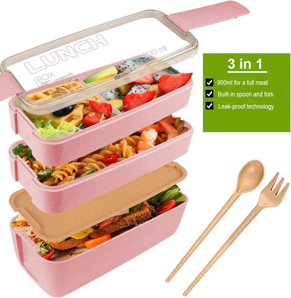 Bento Adults Lunch Box, Iteryn Stackable Bento Box, 3-In-1 Compartment - Wheat Straw, Leakproof E... | Amazon (US)