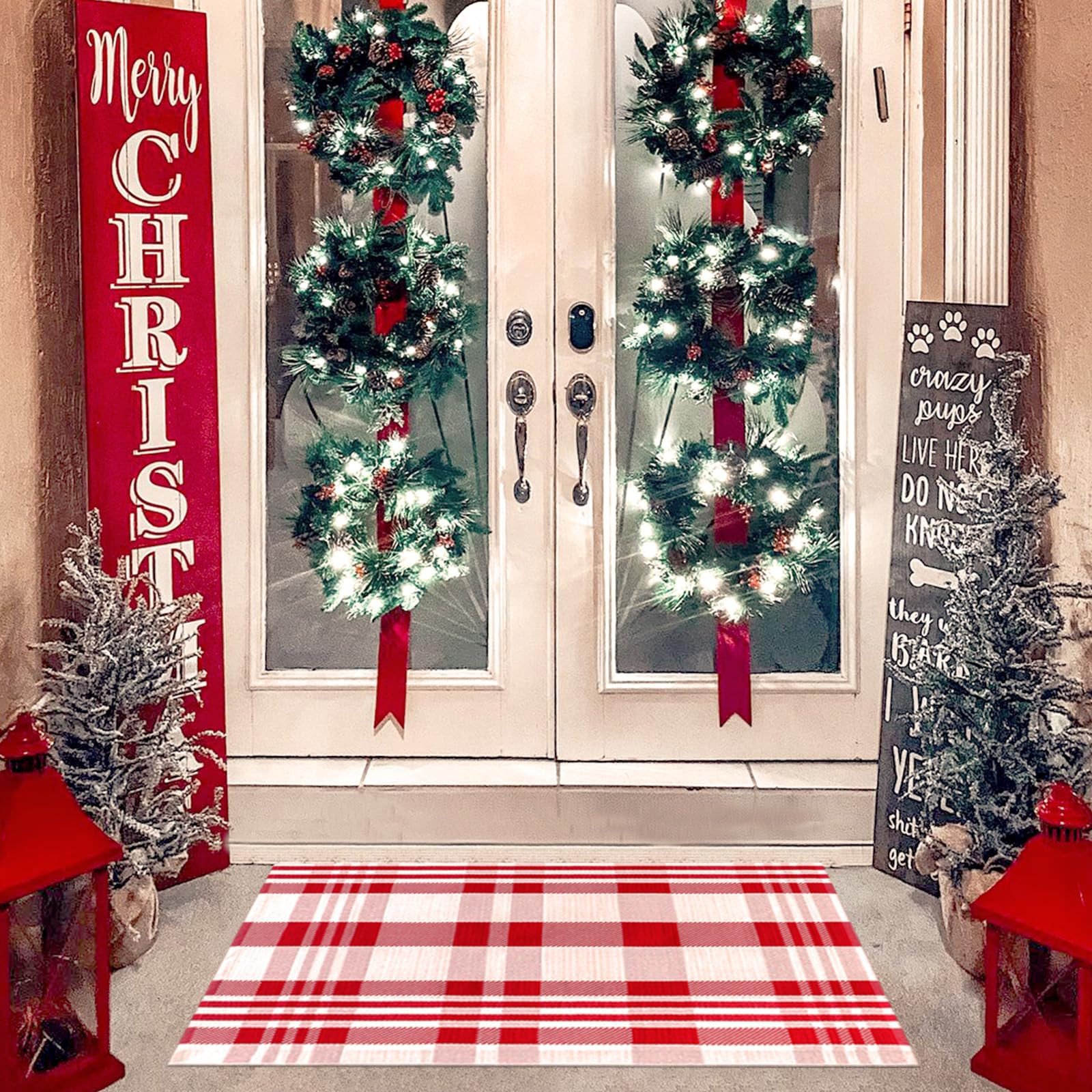 Christmas Rugs Red and White Plaid, 28 x 43 Inches Area Rug Outdoor Indoor Front Porch Doormat Co... | Amazon (US)