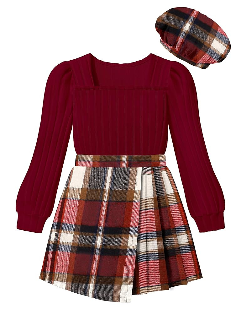 NECIOUS Girls Skirt Set Square Neck Puff Sleeve Shirt Tops Plaid Mini Skirt Shorts with Beret 3 P... | Amazon (US)