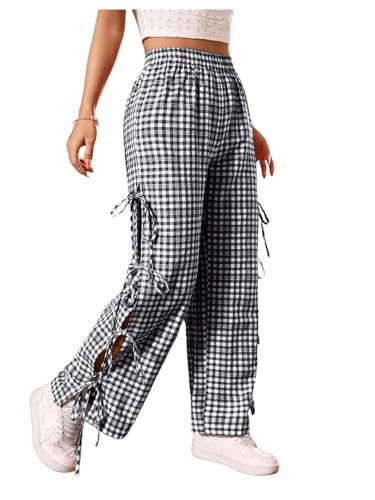 OYOANGLE Women's Plaid Print Tie Side Casual Pants High Elastic Waist Straight Leg Trousers Black White X-Small | Amazon (US)