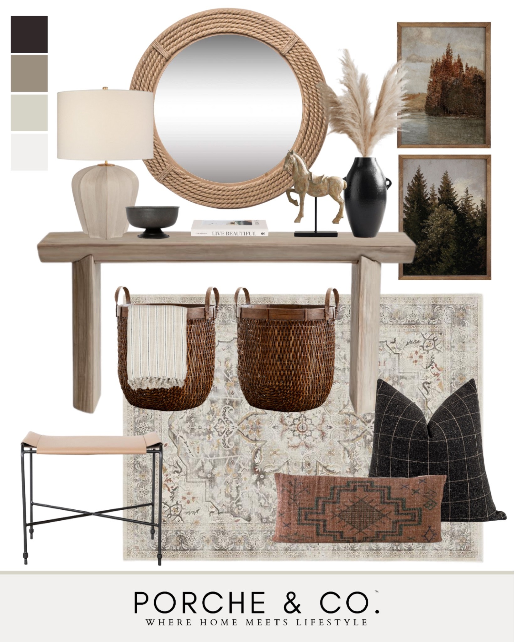 Entryway decor, entryway design, mood board, console table, woven mirror, baskets, stools, artwork, fall decor #entryway #moodboard 

#LTKstyletip #LTKSeasonal #LTKhome
