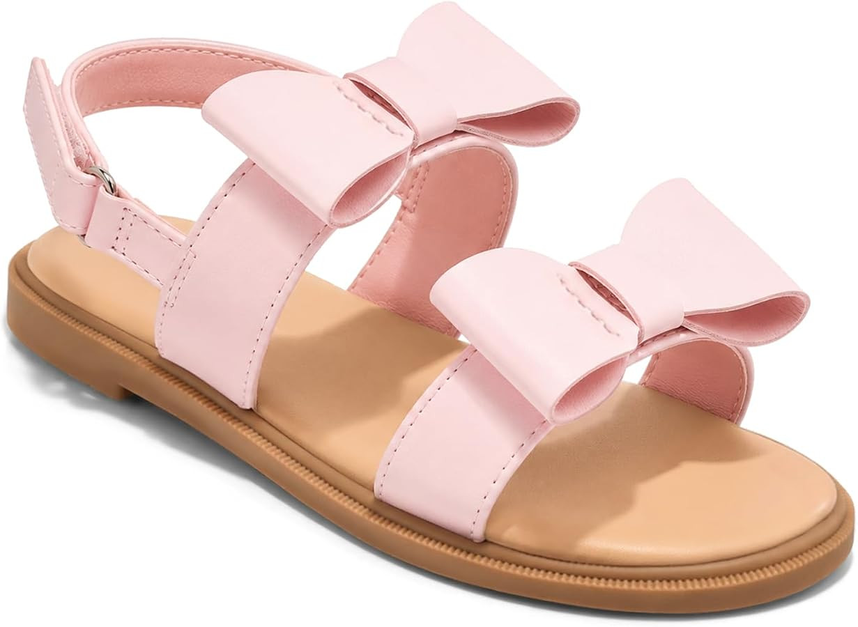 Coutgo Girls Bow Sandals Open Toe Ankle Strap Flat Sandals Flower Girl Party Dress Shoes | Amazon (US)