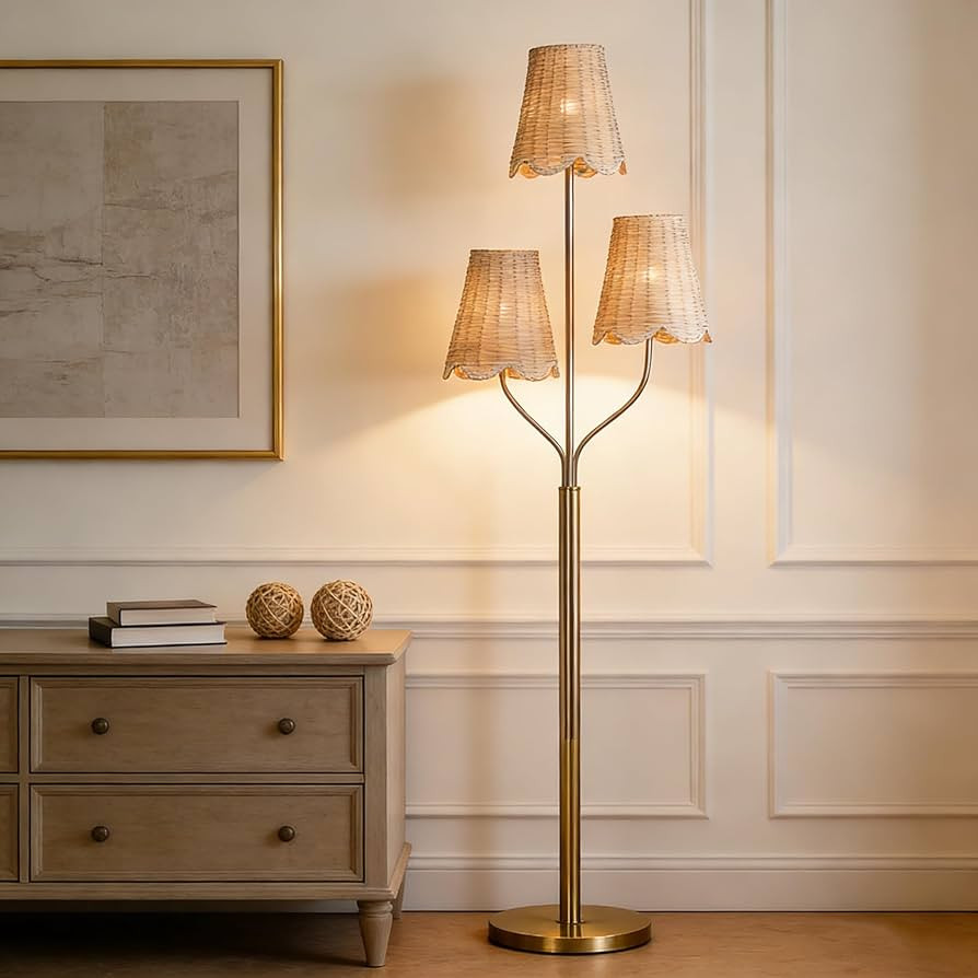 Maxax 65" Boho Rattan Floor Lamp for Living Room, 3-Lights Brass Gold Floor Lamp with Rattan Shad... | Amazon (US)