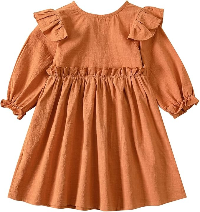 Goodplayer Toddler Girl Cotton Linen Dress Long Sleeve Ruffle Fall Dress Kids Solid Dresses Casua... | Amazon (US)