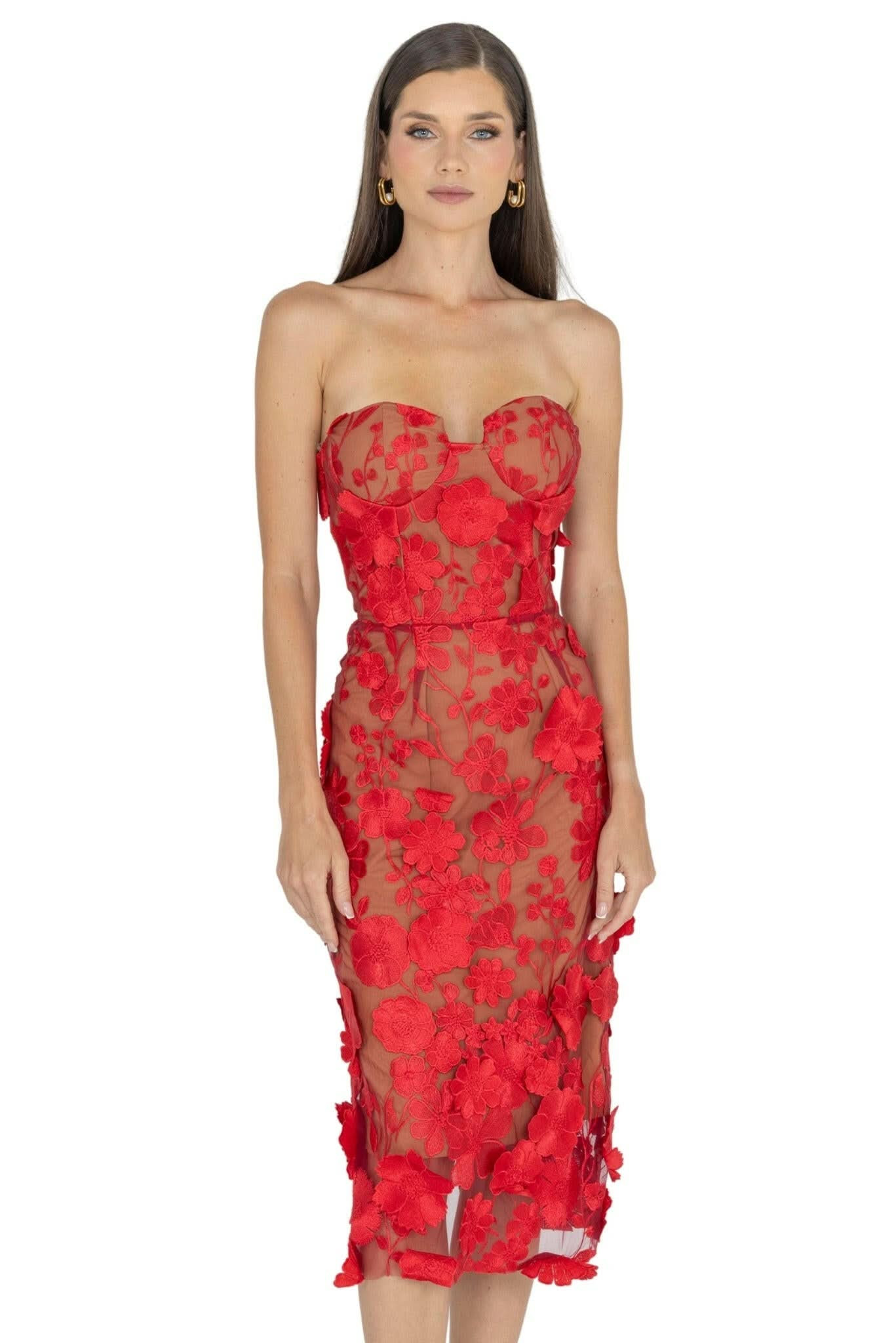 Anni Floral Embroidered Strapless Midi Dress | Akalia