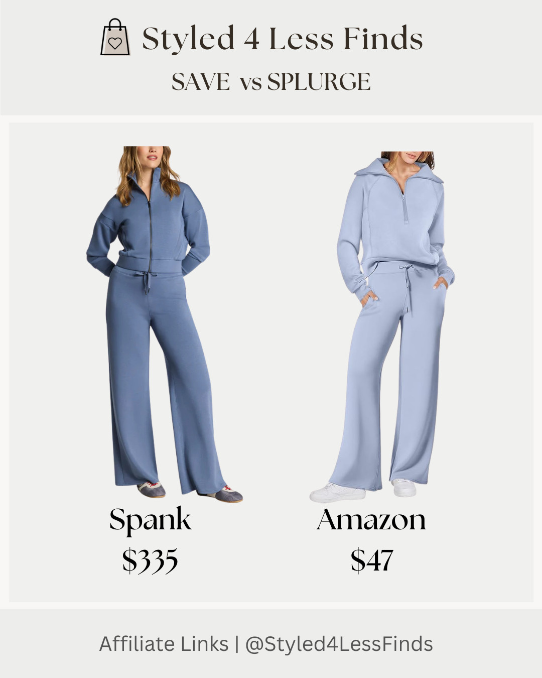 Save vs. Splurge 💙

This cozy blue lounge set is the perfect mix of comfy and chic. The designer version is gorgeous… but the Amazon find gives you the same relaxed vibe for a fraction of the price.

✨ Splurge: $335
✨ Save: $47

Both have that effortless, put-together athleisure look that works for errands, travel days, or cozy weekends at home.

Style tip:
Pair sets like this with clean white sneakers and a crossbody bag to make a casual lounge set look instantly more polished. 

 #LTKcanada #LTKover50style #LTKstyletip