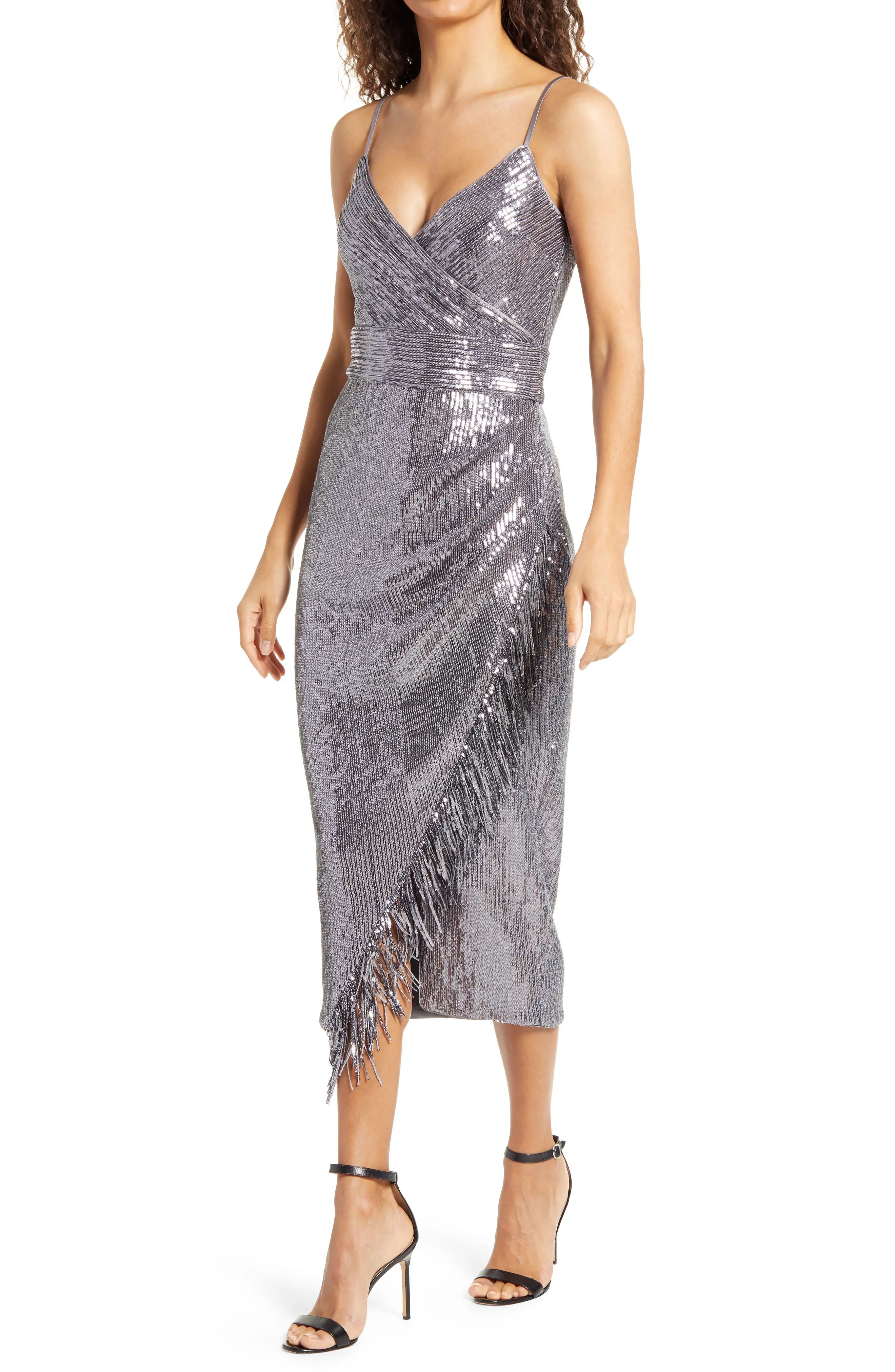 Women's Saylor Azariah Sequin Fringe Faux Wrap Dress, Size Large - Grey | Nordstrom