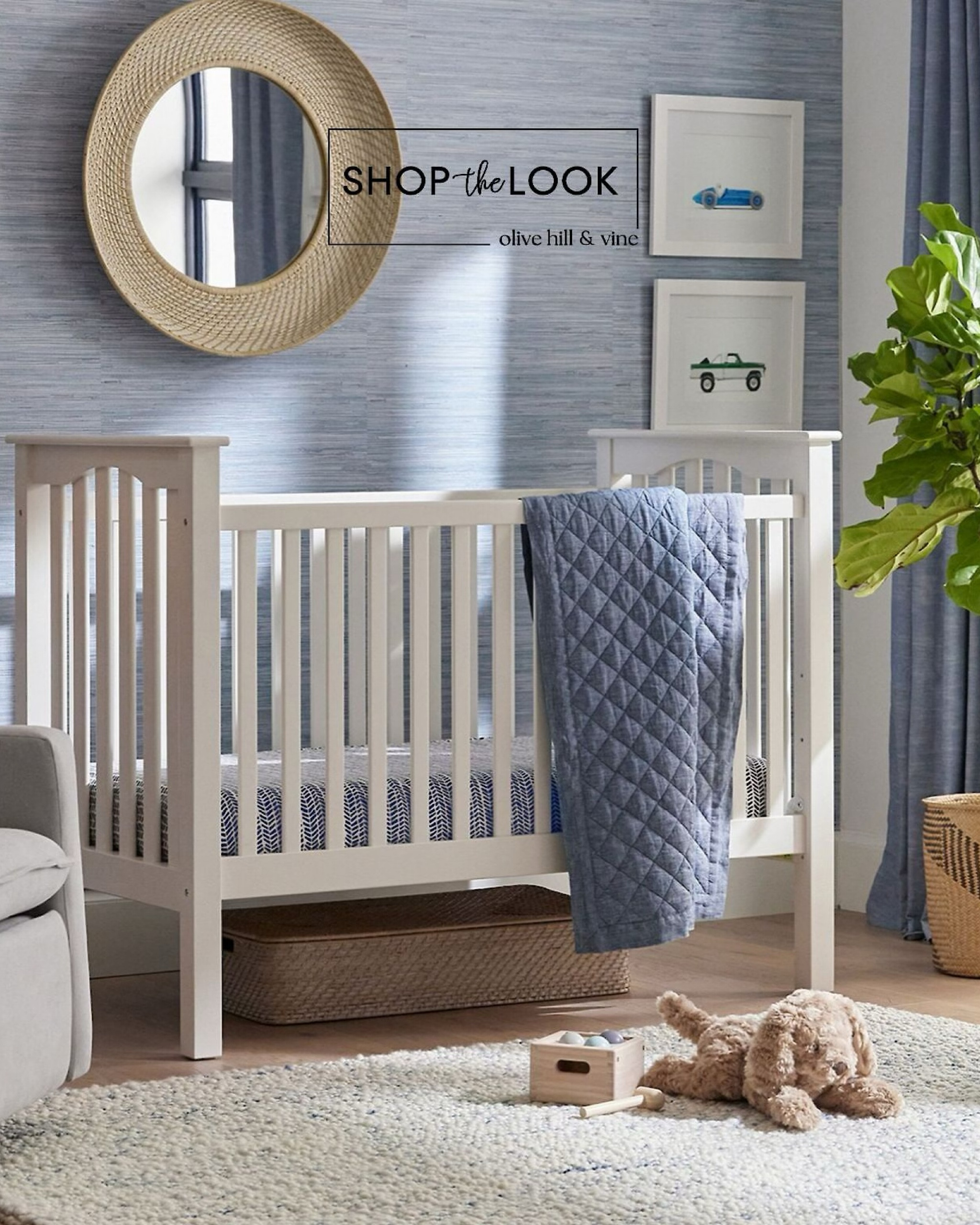 A serene nursery designed for both style and comfort. Blue seagrass wallpaper sets the tone for a convertible crib, luxe shag rug, rattan mirror, soft linens, and playful details like truck art and the sweetest labradoodle plush. 

#LTKHome #LTKBaby #LTKBump