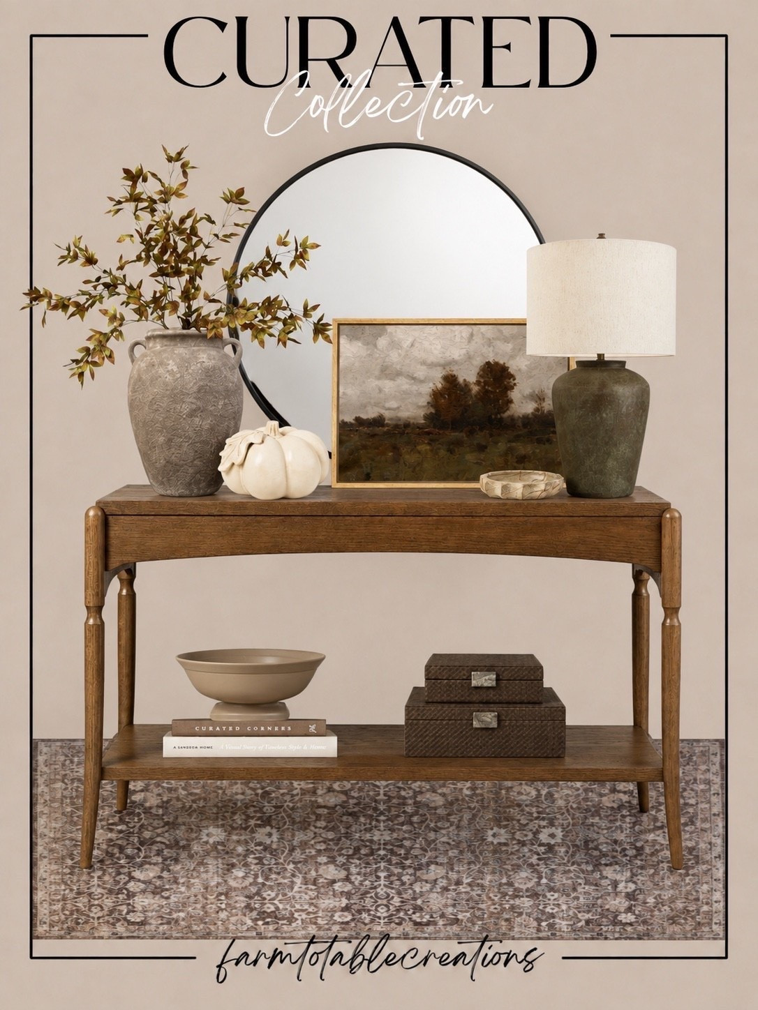 Curated Fall Entryway Finds

Warm woods, rich textures, vintage-inspired details, and just the right touch of fall. 🍂 This collection makes it easy to create a cozy, collected entryway with a beautiful console, oversized mirror, landscape artwork, textured lamp, woven boxes, vintage-style rug, and simple seasonal accents.

Everything works together to give your entryway that warm, layered look that feels timeless enough to enjoy well beyond fall.

Follow @farmtotablecreations on Instagram for more home finds and styling inspiration.

#FallDecor #EntrywayDecor #FallHomeDecor #CozyHome #HomeDecorFinds #ConsoleTableDecor #FallStyling #NeutralHomeDecor

#LTKHome #LTKSaleAlert #LTKSeasonal