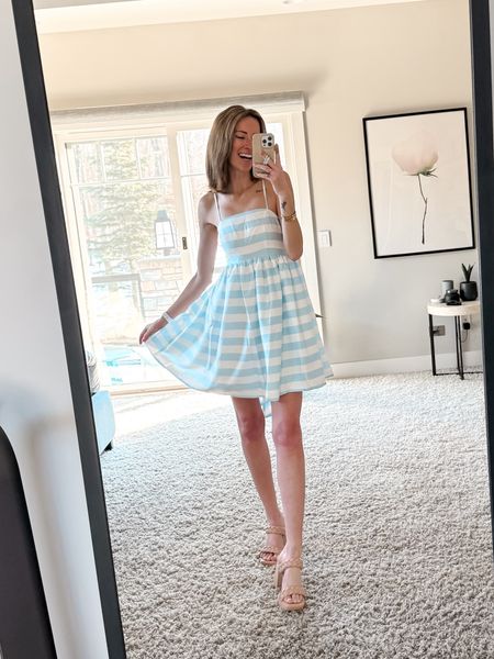 Baby doll dress 
blue striped mini dress perfect for spring and baby showers dresses with bows, dolce Vita nude sandals, spring events, and wedding guest dresses