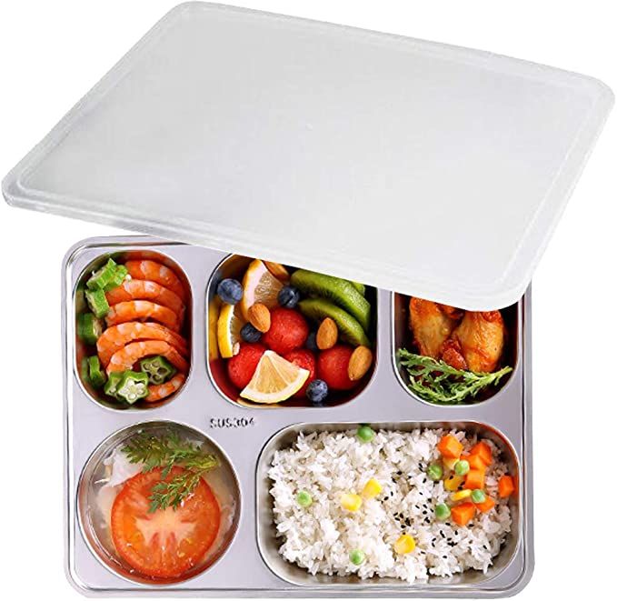 AIYoo 304 Stainless Steel Divided Plates with Lid for Adults Divided Dinner Tray 5 sections Bento... | Amazon (US)