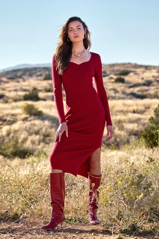 Seasonal Darling Red Ribbed Knit Bodycon Midi Dress | Lulus (US)