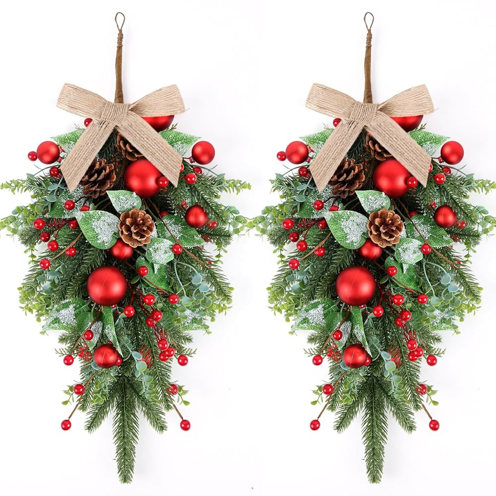 24" Christmas Wreaths for Front Door 2 PCS Christmas Teardrop Swag Winter Wreath with Red Ball Re... | Amazon (CA)