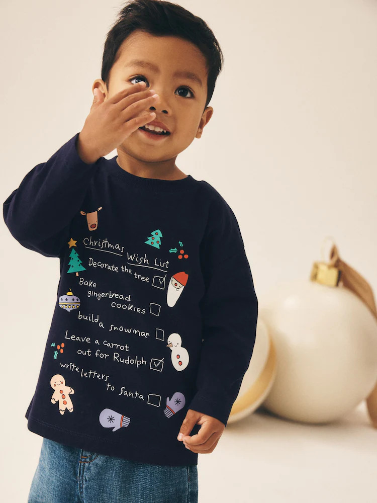 Navy Christmas Wish List Long Sleeve Christmas T-Shirt (3mths-7yrs) | Next US