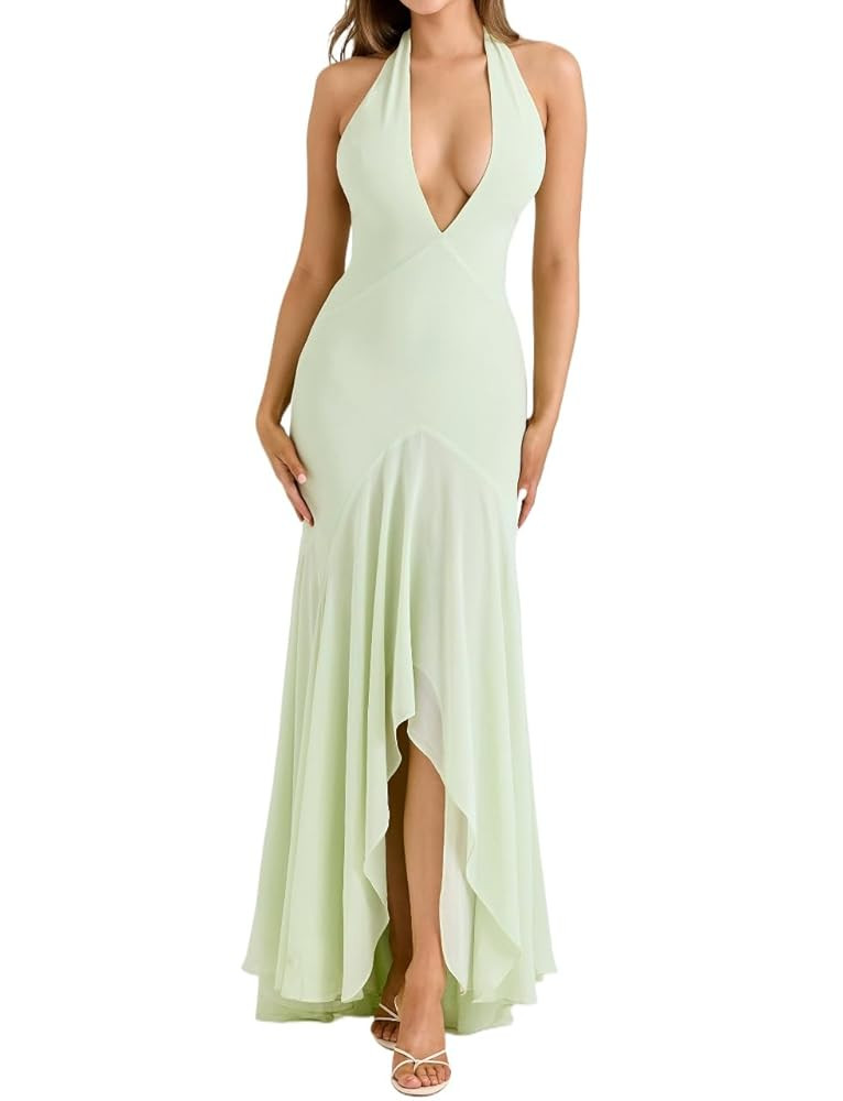 meilun Pistachio Georgette Draped Midi Dress Deep V Hanging Neck Large Backless Irregular Fishtai... | Amazon (US)