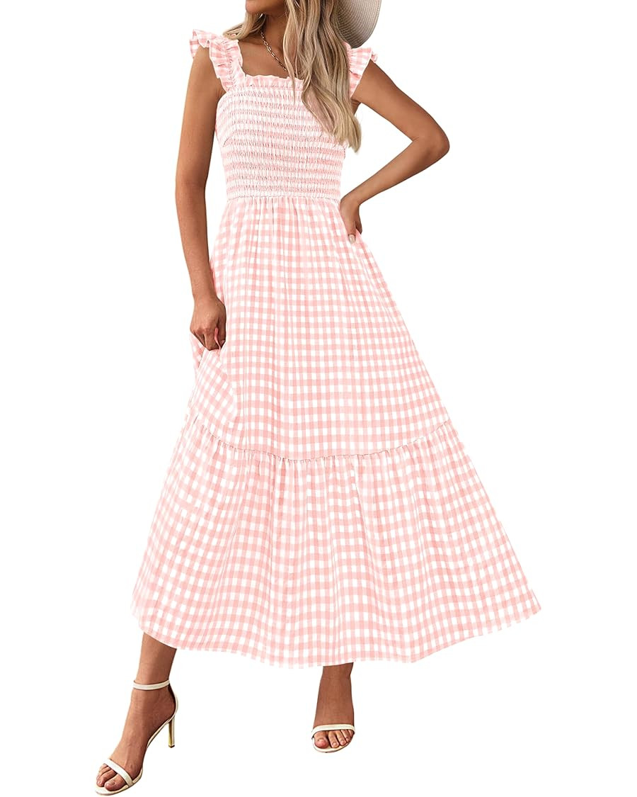 PRETTYGARDEN Women's Summer Dress Casual Square Neck Ruffle Strap Plaid Smocked Midi Dresses Flow... | Amazon (US)