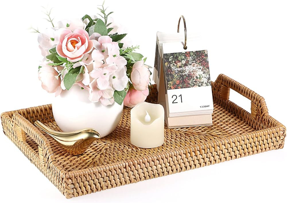 Hipiwe Rattan Serving Tray with Handles - Hand-Woven Decorative Tray for Storage Breakfast, Drink... | Amazon (US)