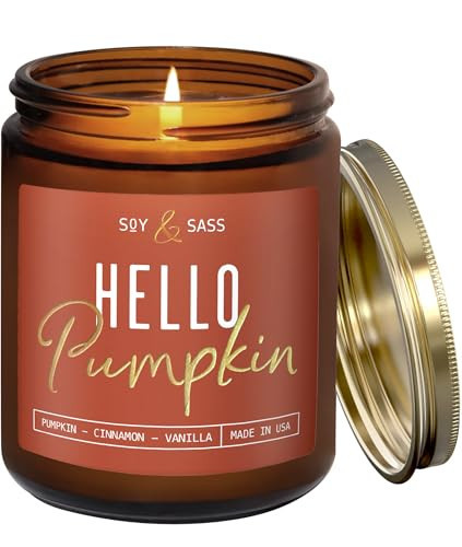 Pumpkin Spice Candle, Fall Candles - 'Hello Pumpkin' Pumpkin Candle, Autumn Scented Soy Candles for Home, Fall Scented Candles for Home, Fall Home Décor, 9oz Reusable Jar, 50Hr Burn, Made in USA | Amazon (US)