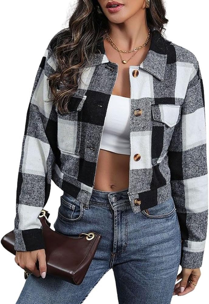 utcoco Womens Cropped Plaid Shacket Jacket Button Down Long Sleeve Flannel Shirts 2024 Fall Coat ... | Amazon (US)