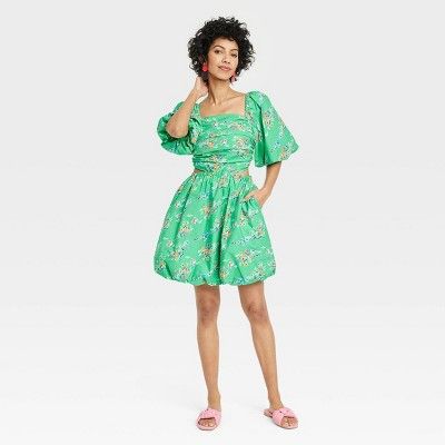 Women's Puff Short Sleeve Cut Out Bubble A-Line Dress - A New Day™ Green Floral | Target