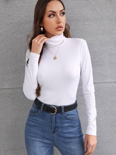 Turtleneck Rib-knit Slim Fit Tee | SHEIN