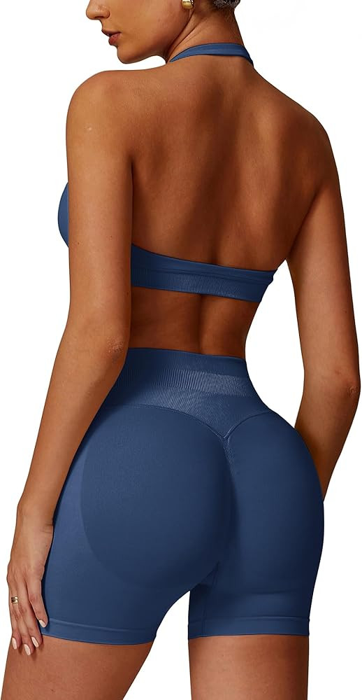 ABOCIW Workout Sets for Women 2 Piece seamless Halter Sports Bra Scrunch Butt Impact Shorts Gym Y... | Amazon (US)