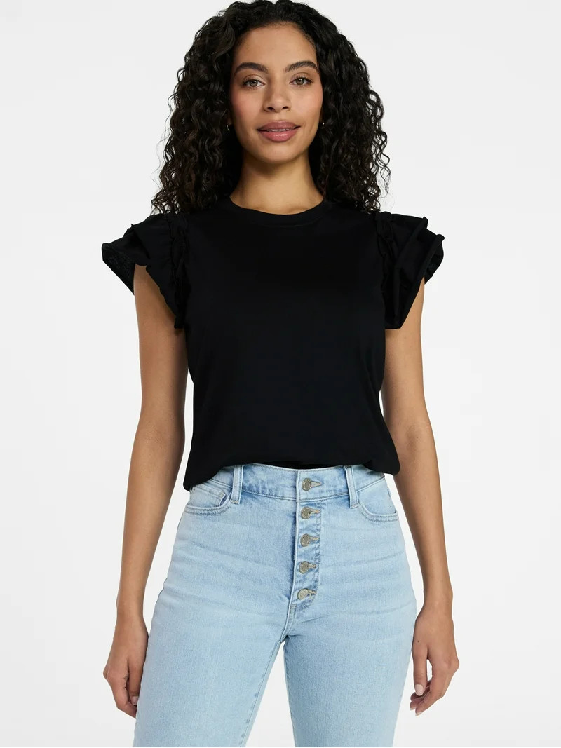 Time and Tru Women's Cotton Crewneck Tee with Ruffle Flutter Sleeves, Sizes XS-XXXL | Walmart (US)