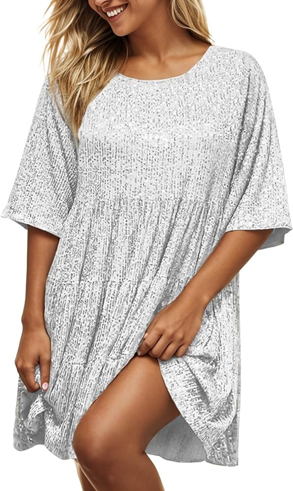 MAYSTEPPE Sparkly Glitter Dress, Sequin Babydoll Summer Dress Short Flowy Tiered Tunic Dress for ... | Amazon (US)