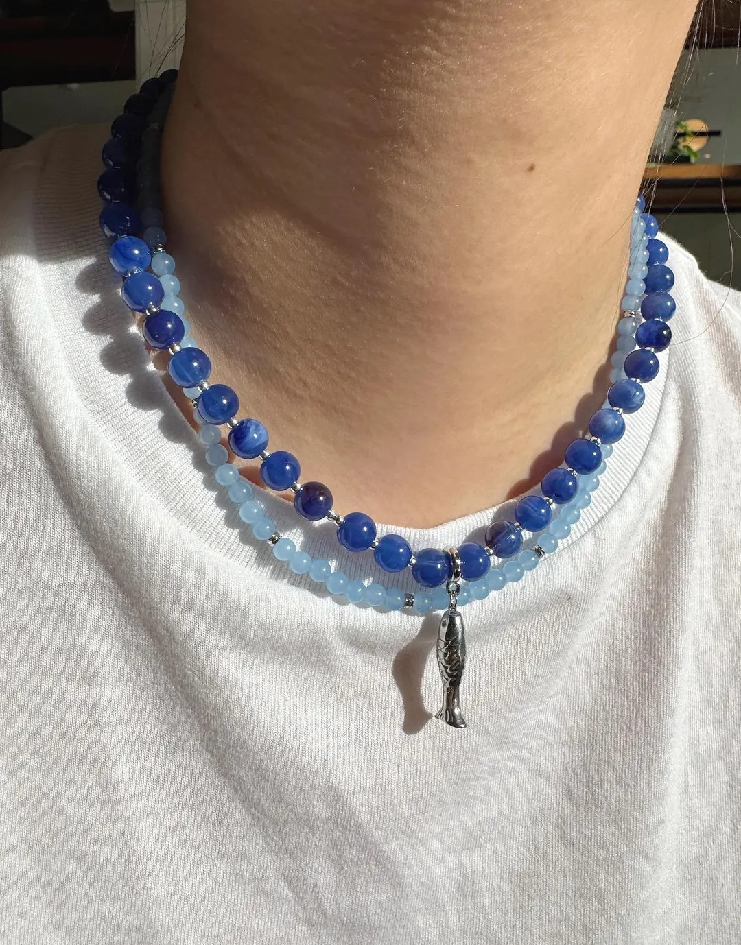 Lapis Lazuli Fish Charm Necklace, Blue Gemstone Beaded Necklace, Ocean Inspired Jewelry, Layering... | Etsy (US)