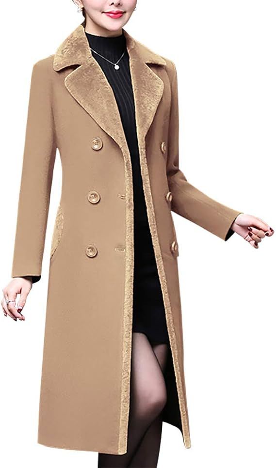 Amazon.com: Aprsfn Women's Double-breasted Notched Lapel Midi Wool Blend Pea Coat Jackets (as1, a... | Amazon (US)