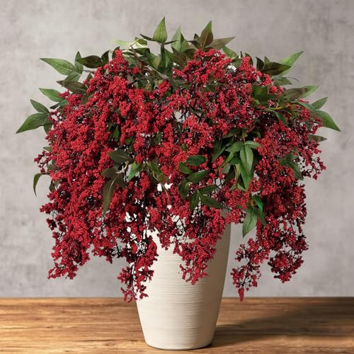 YILIUFA 43 Inch Artificial Nandina Berry Stems for Vase, Realistic Fall Floral Stems Faux Fall Flowers Branches for Table, Farmhouse, Harvest, DIY Bouquet, Mantel, Home Autumn Decor, 2 Pcs (Burgundy) | Amazon (US)