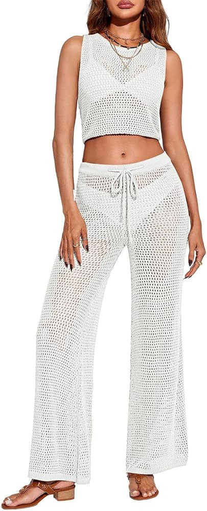 Saodimallsu Womens 2 Piece Crochet Swimsuit Cover Up Sleeveless Crop Top Drawstring Long Pants Se... | Amazon (US)