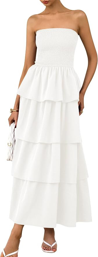 PRETTYGARDEN Maxi Dresses for Women 2025 Summer Off Shoulder Smocked Tiered Ruffle Long Flowy Wed... | Amazon (US)