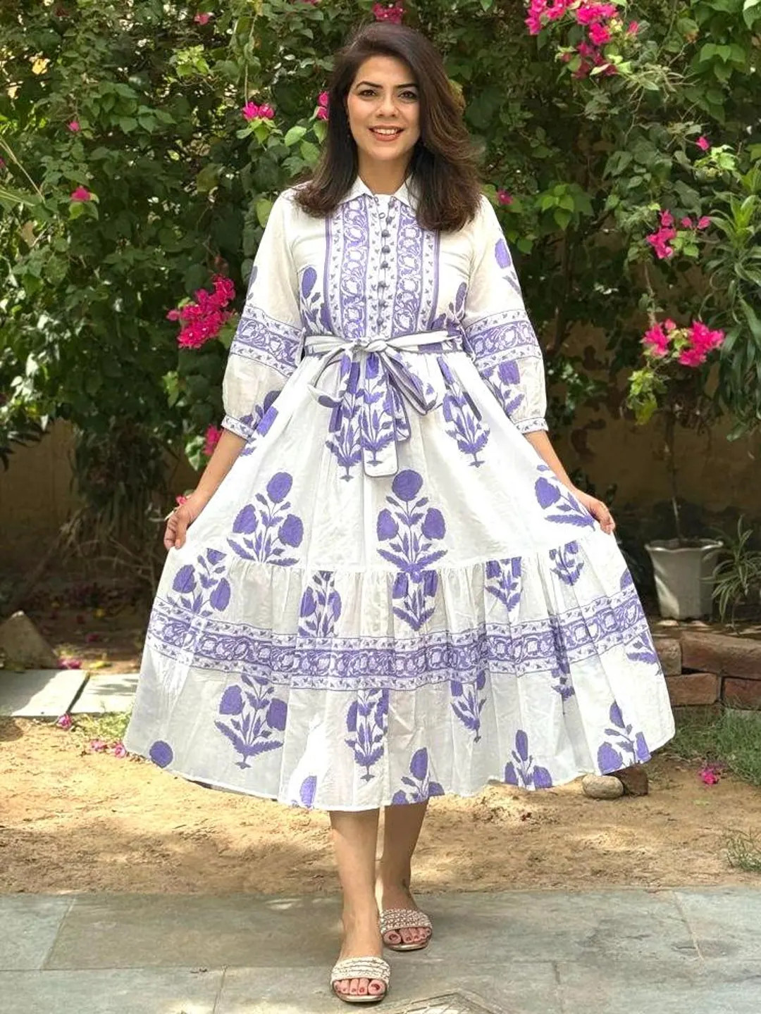Hand Block Printed Dress | Summer Midi Dress Spring Cotton Floral Dress | White & Purple Dress| H... | Etsy (US)
