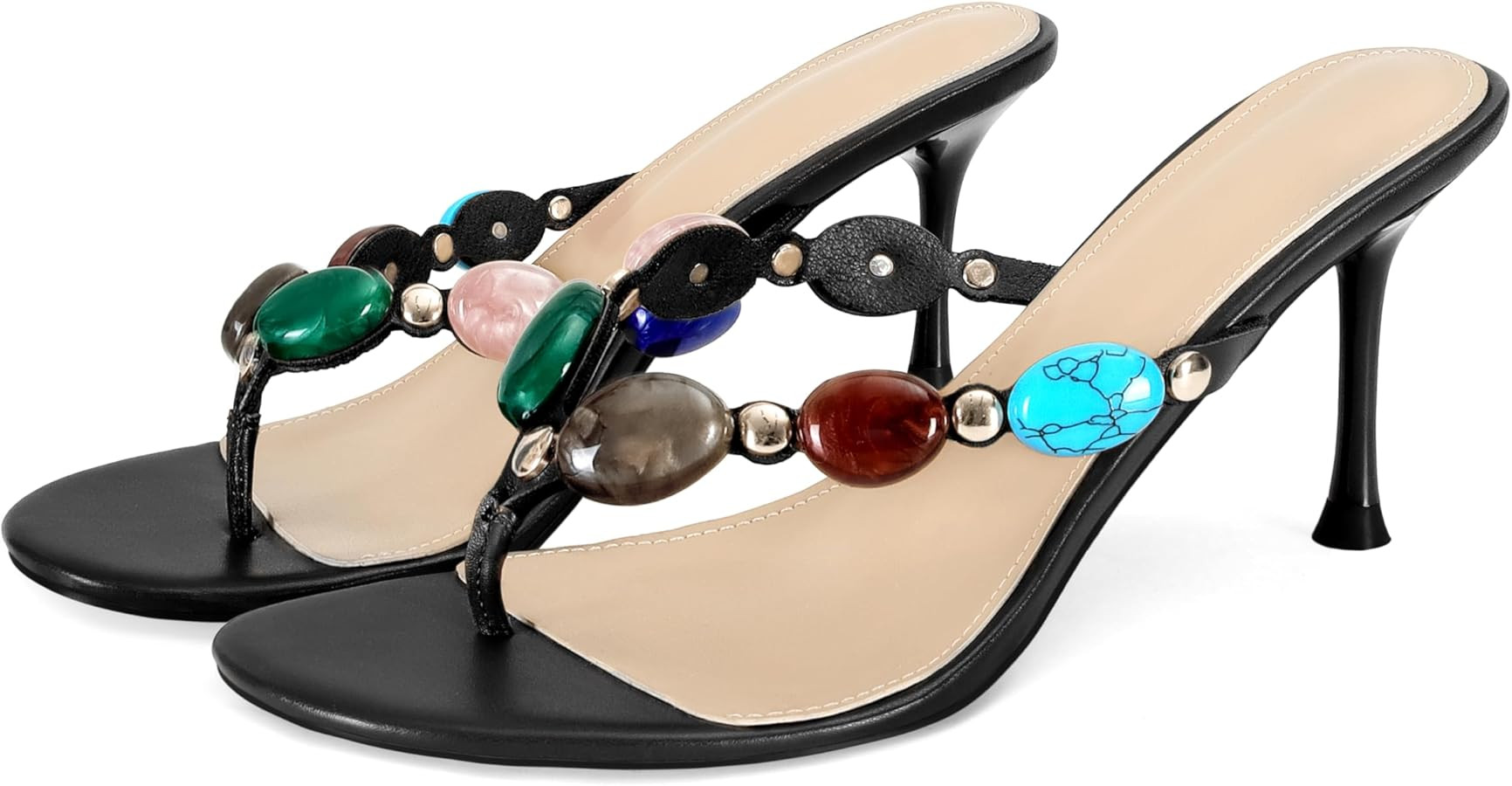 Wnshonzy Women's Heeled Sandals Thong Jewelled Black Flip-Flop Kitten Heels Dressy Strappy Summer... | Amazon (US)