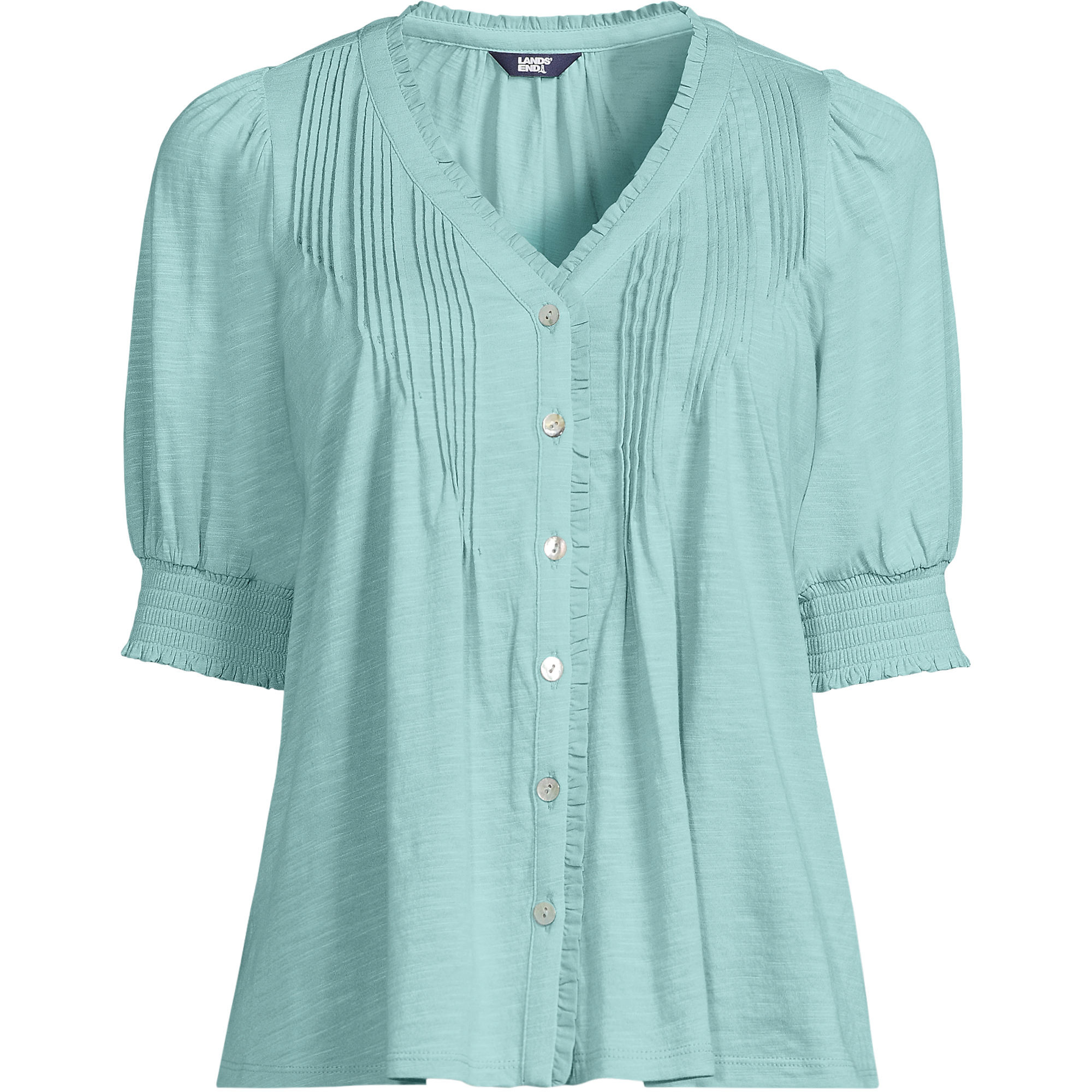 Women's Button Pintuck Puff Sleeve Top | Lands' End (US)