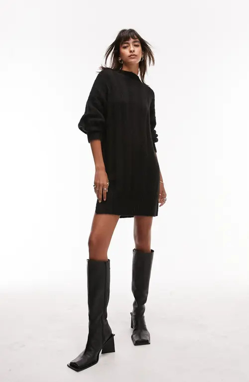 Topshop Rib Stitch Long Sleeve Sweater Dress in Black at Nordstrom, Size X-Small | Nordstrom