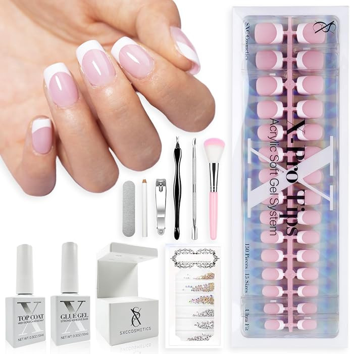 SXC Cosmetics French Tip Press On Nails \u2013 Pink Series, Extra Short Square Fake Nails X-Pro T... | Amazon (US)