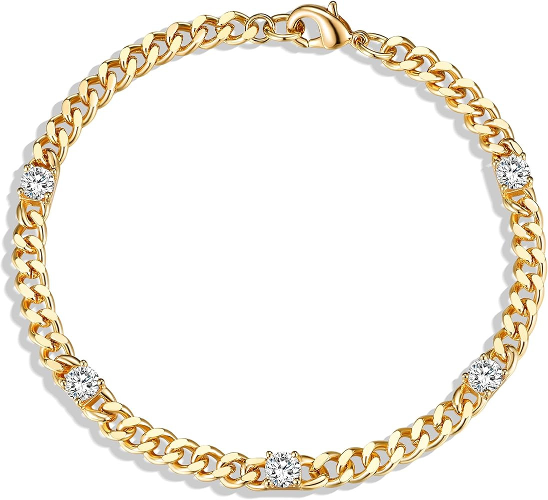 Evabelle Cuban Chain 5pcs Cubic Zirconia Gold Bracelets for Women 14K Real Gold Plated Sparkle Si... | Amazon (US)