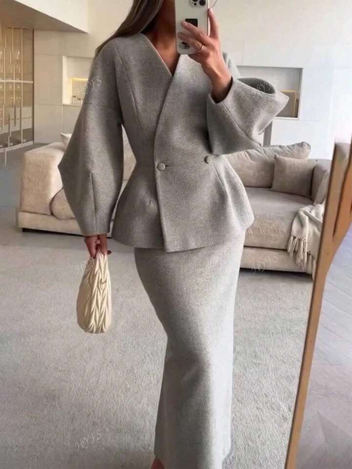 1 Set Solid Color Elegant Casual Button Front Two Pieces Suit, Suitable For Office Wear In Autumn/Winter | SHEIN
