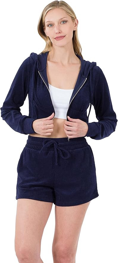 Zenana Women Loop Terry Cropped Zip Up Hoodie and Drawstring Waist Shorts 2 Piece Outfits Set | Amazon (US)