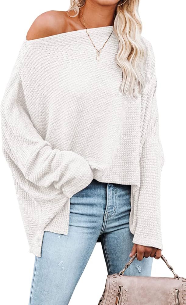 LAMISSCHE Womens Casual Off The Shoulder Sweater Oversized Waffle Knit Long Sleeve Tunic Sexy Boa... | Amazon (US)