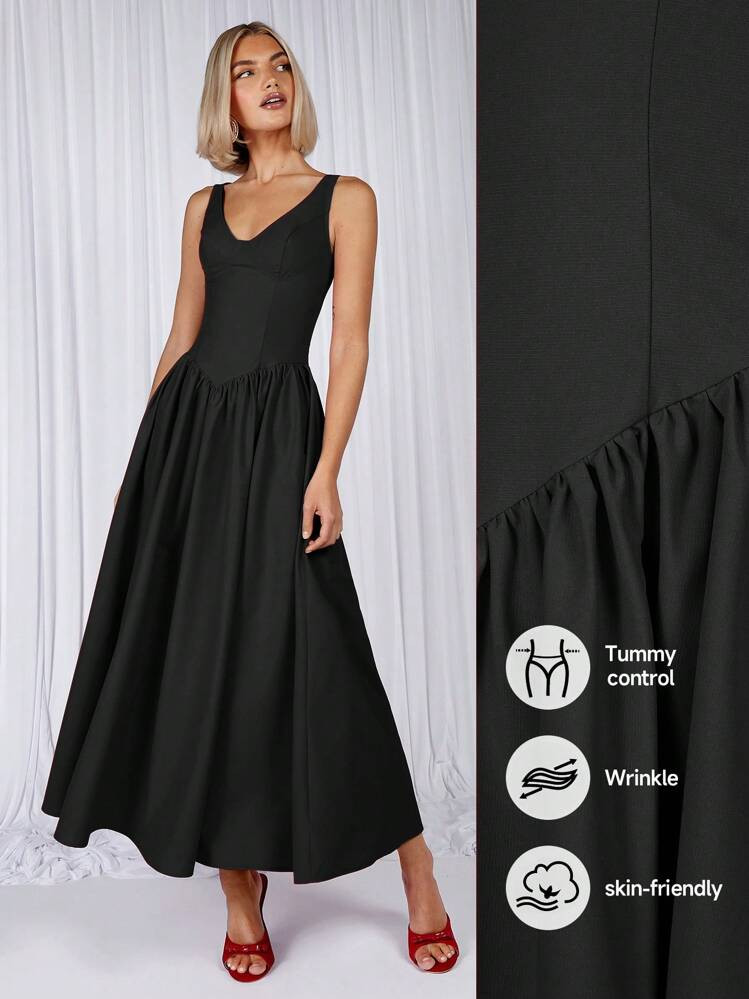 COSMINA Women's Black Color Long Dress, Minimalist And Fashion Style, Suitable For Summer | SHEIN