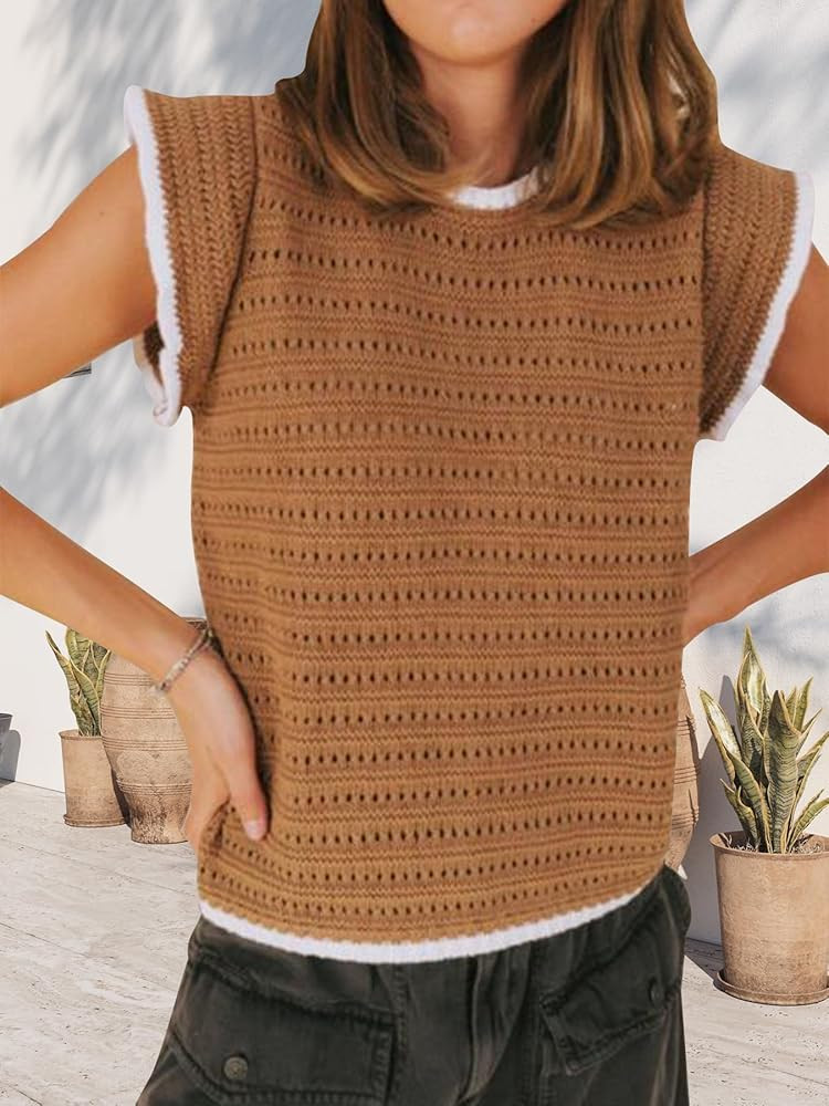 Womens Ruffle Cap Sleeve Crochet Sweaters Tops Hollow Out Summer Knit Pullover Sweater Top | Amazon (US)