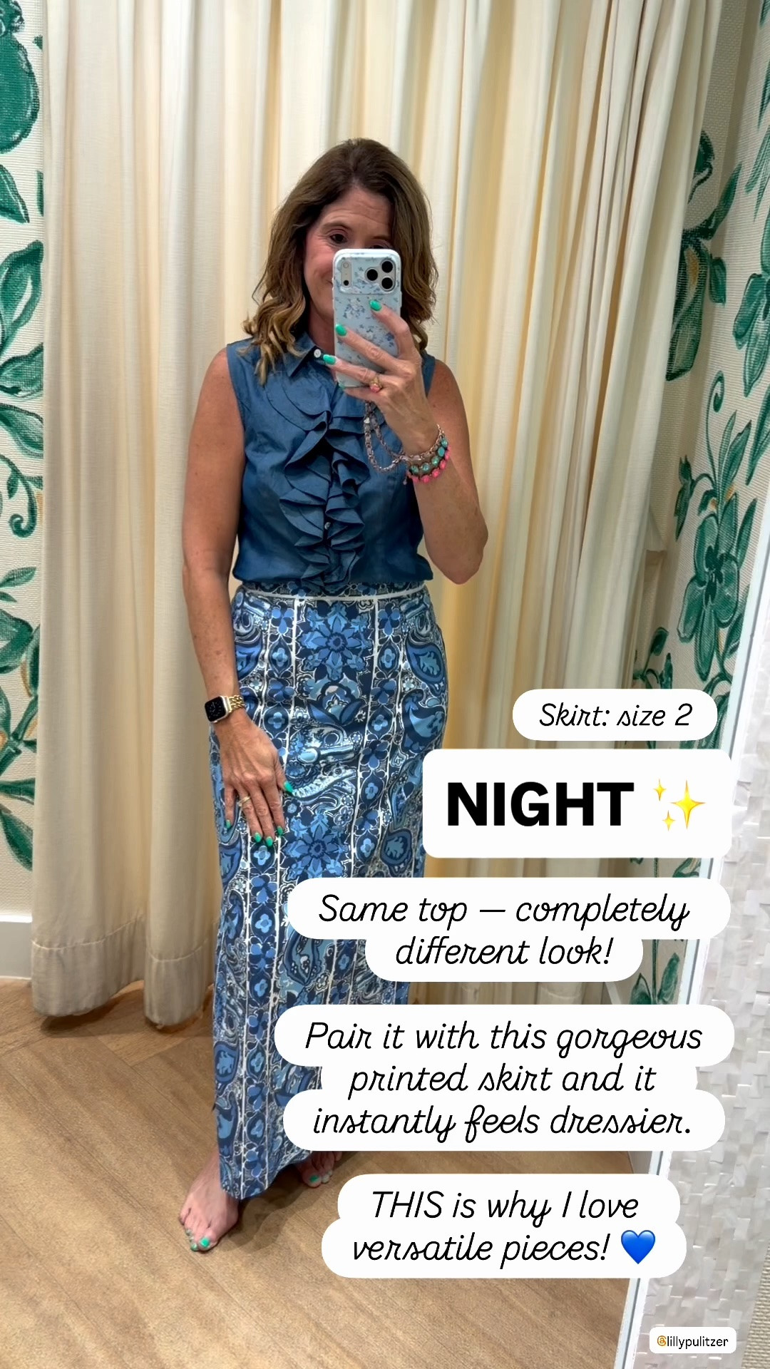 Fall Style 

DAY ➡️ NIGHT 💙

This ruffle top may be one of my FAVORITE pieces from the new Lilly Pulitzer fall release!

For DAY, I paired it with dark denim for a polished look that could easily work for lunch, shopping, work or a casual dinner.

For NIGHT, I switched the denim for this gorgeous blue printed skirt and it completely changed the look! ✨

I LOVE finding pieces that can be styled multiple ways — and this one is definitely a winner.

Wearing size 2 in the top and skirt. 

Which way would you wear it — DAY or NIGHT? 💙

#LillyPulitzer #LillyStyle #LillyPulitzerStyle #DayToNight #FallStyle #FallFashion #PreppyStyle #ColorfulStyle

Lilly Pulitzer fall 2026, Lilly Pulitzer new arrivals, Lilly Pulitzer fall release, Lilly Pulitzer try on, Lilly Pulitzer outfit ideas, Lilly Pulitzer styling, colorful fall outfits, preppy fall fashion, transitional fall outfit, blue fall outfit, day to night outfit, women’s fall fashion, colorful style over 40, colorful style over 50, fall date night outfit, fall work outfit, ruffle blouse,

#LTKSeasonal #LTKOver40 #LTKWorkwear