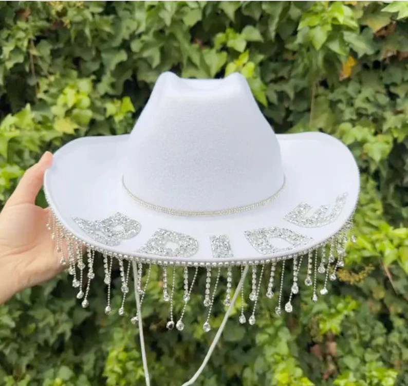 White Bride Cowgirl Hat With Double Rhinestone Band and - Etsy | Etsy (US)