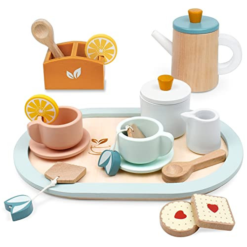 PairPear Wooden Tea Set for Little Girls, Wooden Toys Toddler Tea Set Play Kitchen Accessories for Kids Tea Party with Play Food. | Amazon (US)